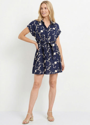 Robe courte taille nouée, fleurs brodées Marine