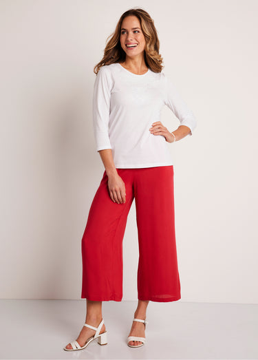 T-shirt court brodé manches 3/4 Blanc