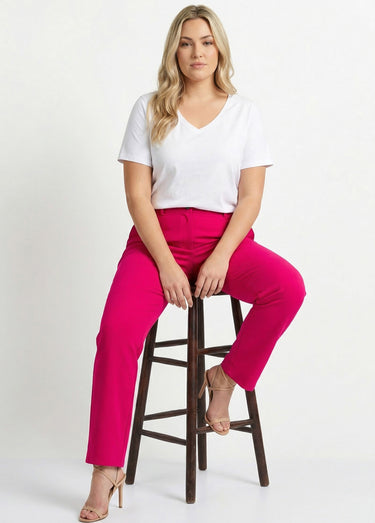 Pantalon droit uni taille semi élastiquée Framboise