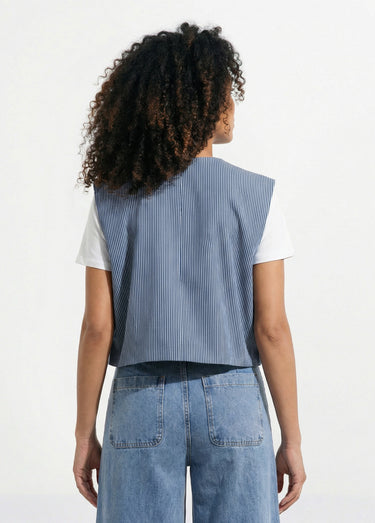 Gilet court sans manches en twill rayé Raye Bleu