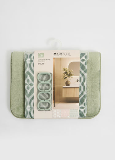 Set 2 pièces bain Rideau + Tapis velours Sauge