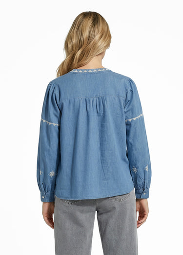 Blouse chambray broderies point de croix Bleu Stone