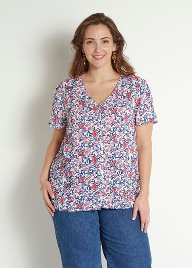 Chemisier fleuri col V manches courtes Bleu/Rose
