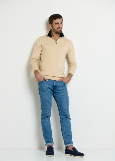 Pull col camionneur zippé contrastant Beige
