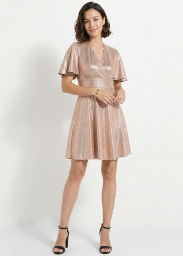 Robe cache-coeur courte brillante manches papillon Cuivre