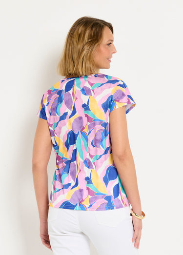 T-shirt court col V brillant imprimé Parme/Jaune