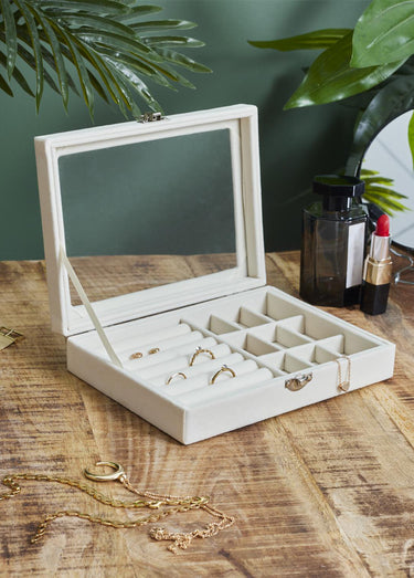 Boite à bijoux bois, couvercle verre 2F Creme
