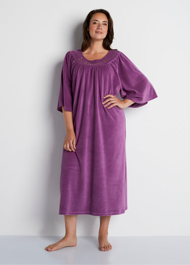 Robe d'intérieur en velours, col rond Violine