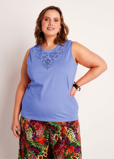 Débardeur uni court brodé sequins Bleu