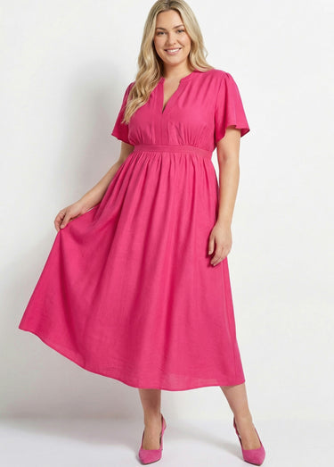 Robe longue surpiqures encolure + taille Fuchsia