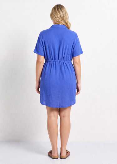 Robe chemisier ceinturée gaze de coton Bleu