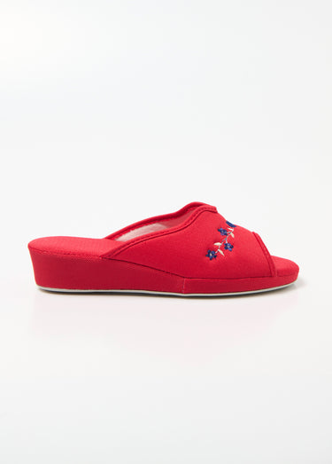 Chaussons mules brodées, talon compensé Rouge