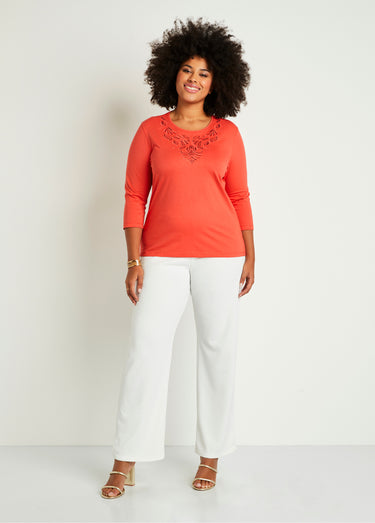 T-shirt court brodé manches 3/4 Orange