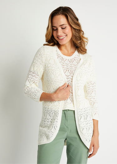 Gilet long ajouré coton manches 3/4 Ficelle