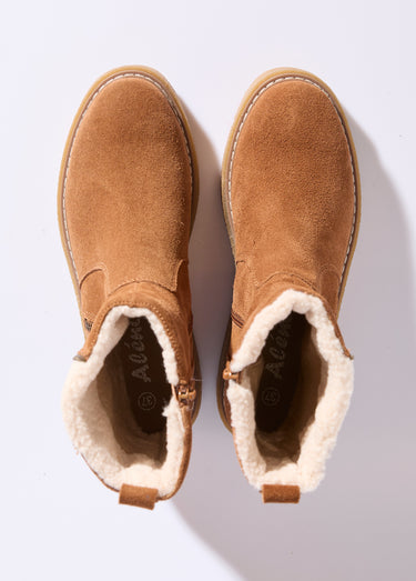 Boots montantes cuir, détails fourrure Camel