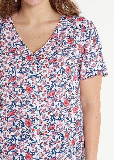 Chemisier fleuri col V manches courtes Bleu/Rose
