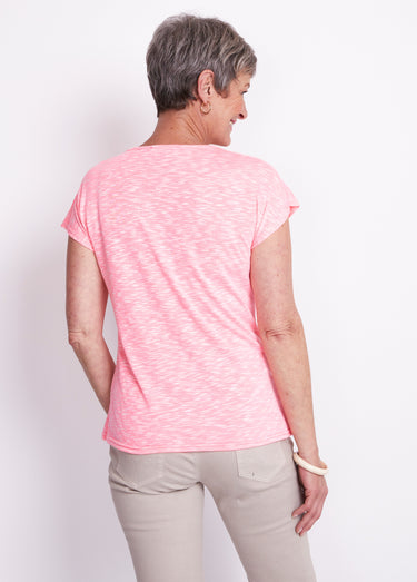 T-shirt col V fluo en maille flammée Rose