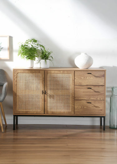JAYA Buffet décor rotin, pieds métal Bois Clair