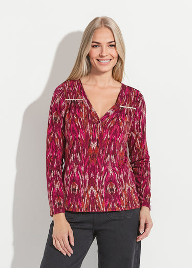T-shirt chaud col V imprimé manches longues Cassis/Beige