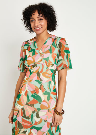 Robe droite courte voile imprimé cérémonie Vert/Orange