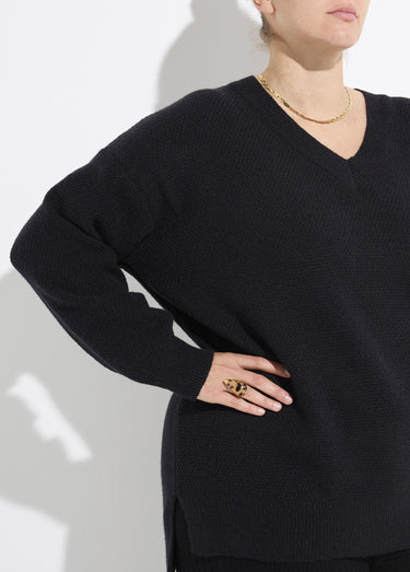 Pull tunique maille fantaisie, col V Noir