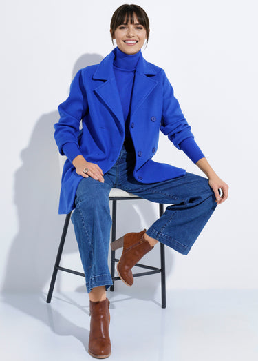 Caban long uni façon drap de laine Bleu Vif