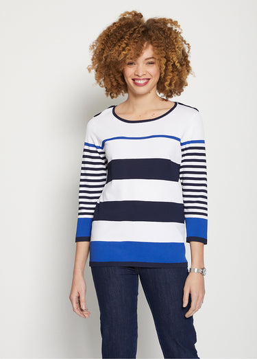 Pull manches 3/4 rayé Marine/Bleu