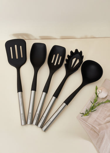 Set 5 ustensiles en silicone + pot inox Gris/Noir