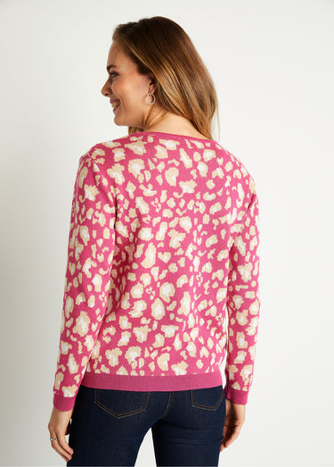 Pull motif léopard col rond Rose
