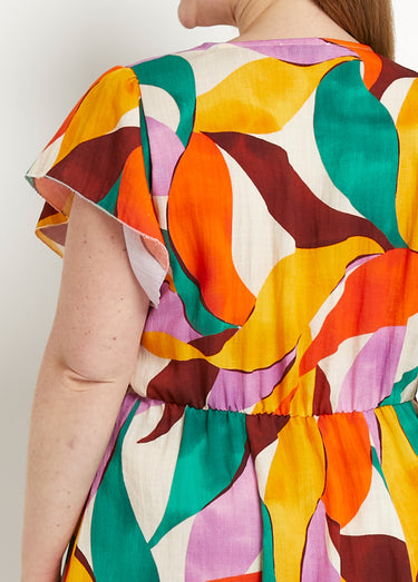 Robe col V courte aspect lin imprimé floral Orange/Vert