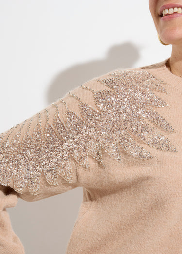 Pull col rond, perles et strass brillants Beige