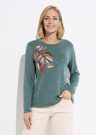 T-shirt col rond uni brodé manches longues Vert