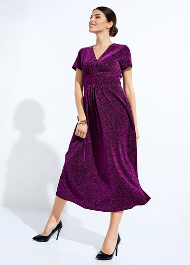 Robe longue brillante col V smockée dos Rose