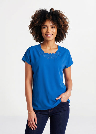 Top long manches courtes broderies col rond Bleu