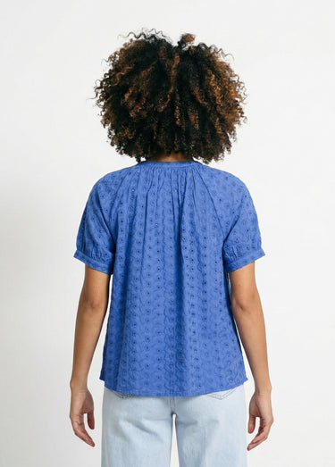 Chemisier ample coton brodé sans col Bleu