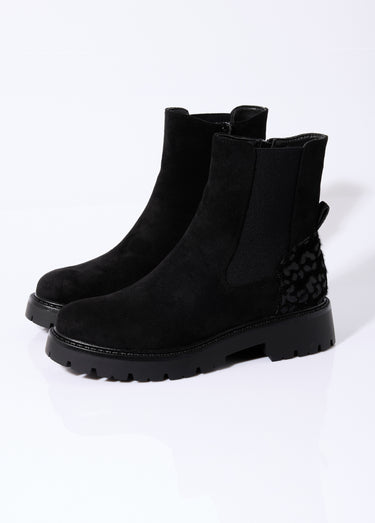 Boots Chelsea en suédine talon animalier Noir