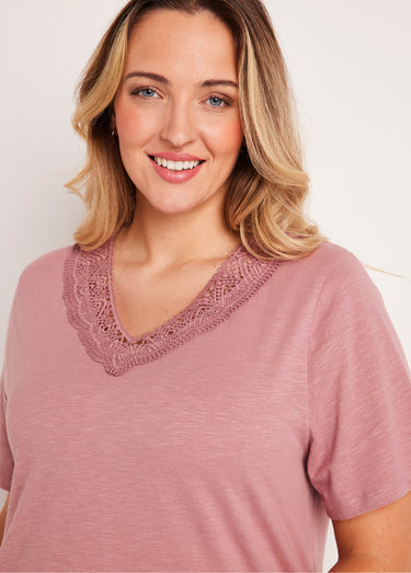 T-shirt manches courtes coton et macramé Rose