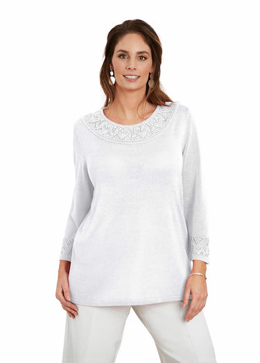 Pull maille brillante détails ajourés Blanc