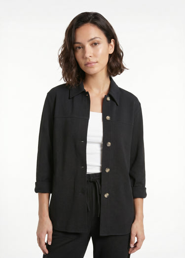 Surchemise boutonnée maille crêpe unie Noir