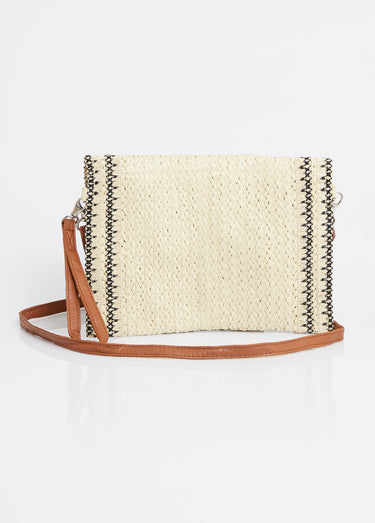 Pochette demi lune en papier tressé Beige