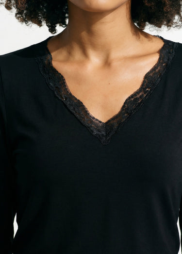 T-shirt court dentelle col V manches longues Noir
