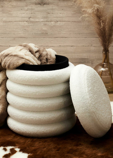 Pouf bouclette avec coffre de rangement Blanc