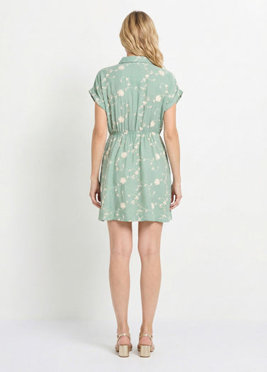 Robe courte taille nouée, fleurs brodées Vert Tilleul