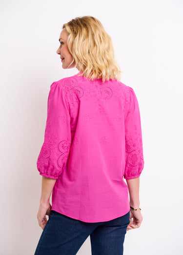 Chemisier long coton brodé manches 3/4 Rose
