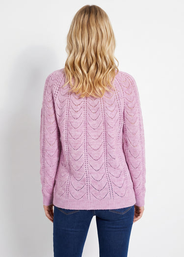 Gilet cardigan boutonné chiné ajouré col rond Lilas