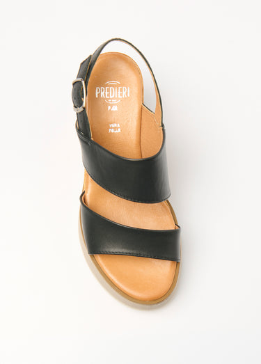 Sandales cuir compensées, talon aspect bois Noir
