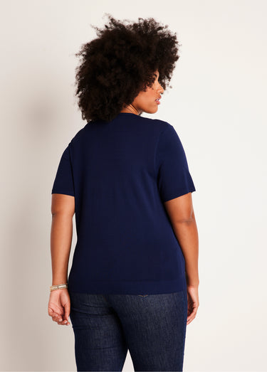 Pull fin brodé manches courtes Marine