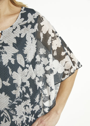 T-shirt long fleuri manches chauve-souris Noir/Ecru