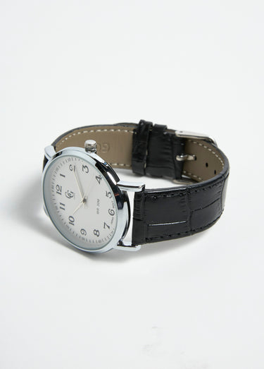 Montre ronde acier inox et cuir façon croco Noir