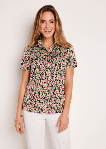 Chemisier manches courtes satin fleuri Vert/Rose